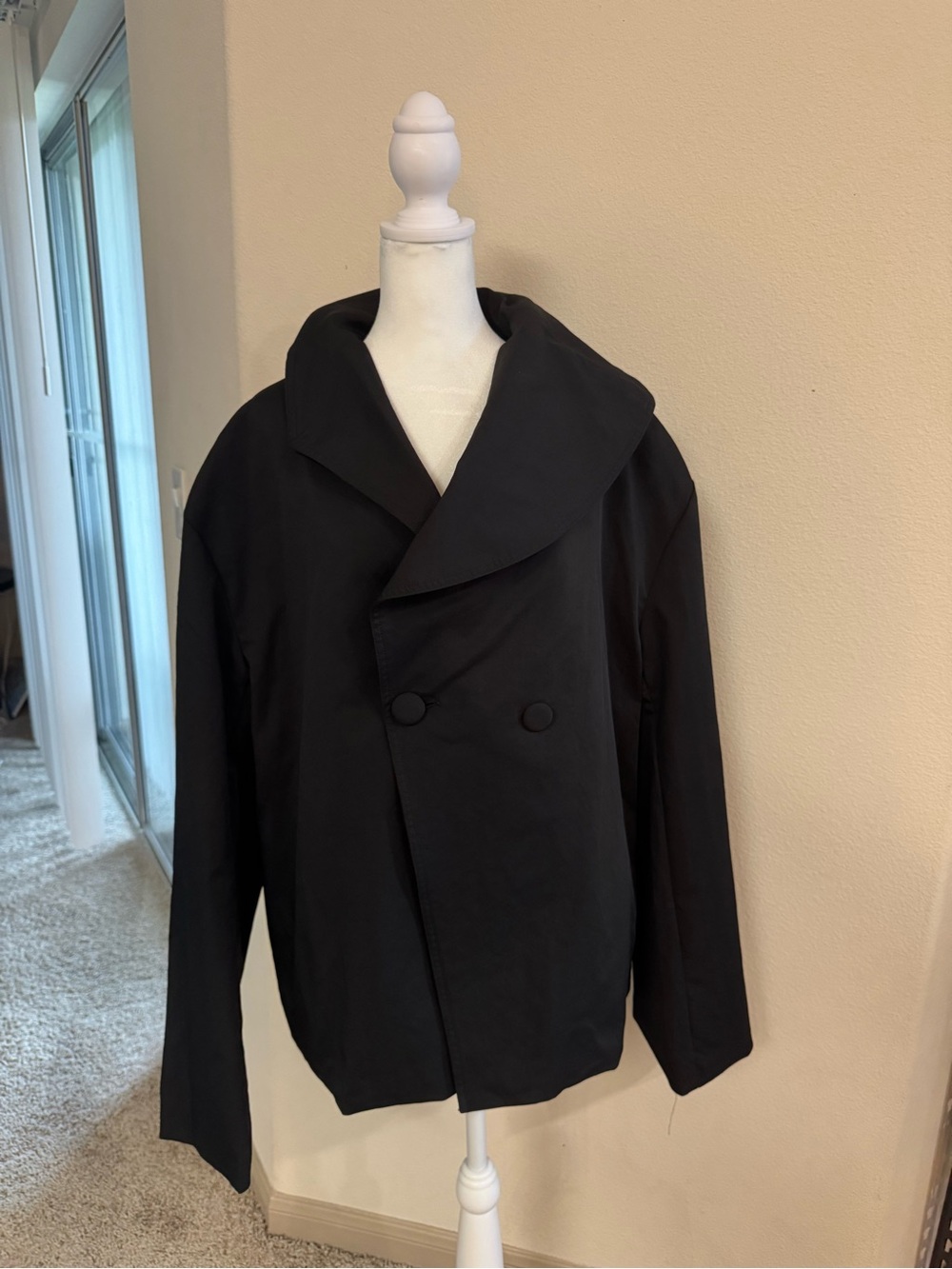 Men's Black Double-Breasted Pea Coat with Wide Shawl Collar